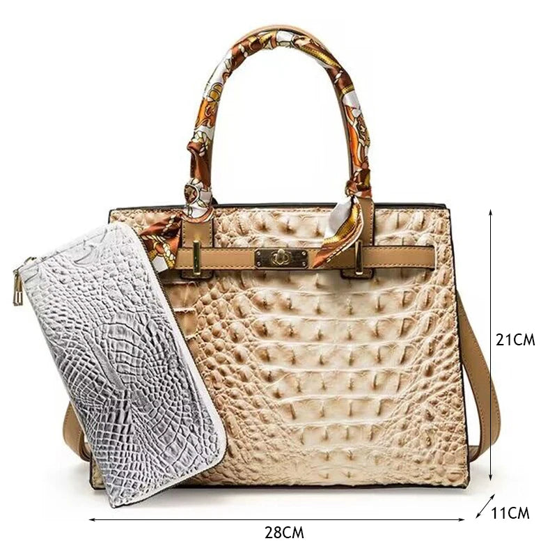 Bolsa Feminina Couro de Jacaré com Carteira Brinde - Ver de Prata
